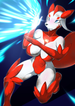 anthro big_breasts biped blue_eyes breasts featureless_breasts female female_anthro genitals kneeling multicolored_body nude nude_anthro nude_female on_one_knee red_body solo teeth vulva white_body kemojin mammal absurd_res hi_res