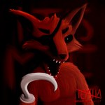 1:1 anthro bandage bandage_on_face black_background black_eyes canid canine english_text eye_patch eyewear five_nights_at_freddy's fox foxy_(fnaf) fur hi_res hook hook_hand madteysha male mammal monochrome open_mouth red_body red_fur scottgames simple_background solo teeth text white_eyes