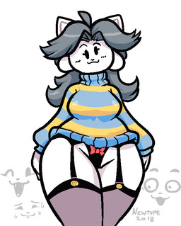 anthro beady_eyes black_nose blue_clothing blue_sweater blue_topwear blush bottomless bow_panties bow_underwear breasts clothed clothing derp_eyes eyelashes female fur garter_belt garter_straps grey_hair hair legwear long_hair looking_at_viewer panties pattern_clothing pattern_sweater pattern_topwear pose ribbons seductive smile solo standing stockings striped_clothing striped_sweater striped_topwear stripes sweater thick_thighs topwear turtleneck underwear white_body white_fur wide_hips newtype_hero undertale undertale_(series) temmie_(undertale) canid canine canis domestic_cat domestic_dog felid feline felis mammal tem 2018 pinup