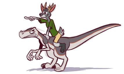 after_transformation anthro antlers black_hair black_nose feral fur grey_body grey_fur hair horn male male/male mount paws plantigrade riding scales transformation kipper ra'deer cervine deer dinosaur dromaeosaurid mammal prehistoric_species reptile scalie theropod hi_res