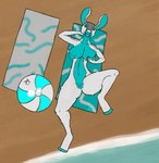 anthro beach big_breasts blue_body blue_fur breasts female fully_colored fur grey_body grey_fur hand_on_boob hand_under_head hooves inviting pose seaside simple_background solo alicethedeer mavy_(alicethedeer) cervine deer mammal absurd_res hi_res