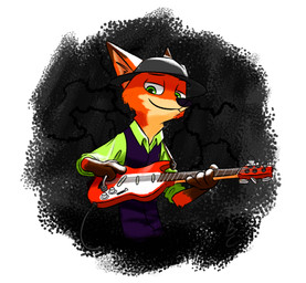 anthro black_nose clothed clothing electric_guitar fur green_eyes guitar hat headgear headwear holding_object inner_ear_fluff male musical_instrument orange_body orange_fur plucked_string_instrument shirt smile solo string_instrument tan_body tan_fur topwear tuft theblueberrycarrots disney zootopia nick_wilde canid canine fox mammal red_fox true_fox hi_res