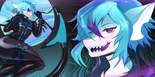 anthro blue_hair collar hair harness latex leash male solo teeth_showing luzonfa aquatic fish shark absurd_res hi_res