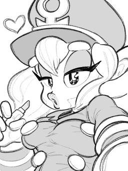 anthro bedroom_eyes breasts clothing female hat headgear headwear heart_symbol lipstick looking_at_viewer makeup military_uniform narrowed_eyes seductive solo uniform goatboydraws bloons_tower_defense ninja_kiwi admiral_brickell haplorhine mammal monkey primate hi_res monochrome
