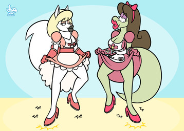 anthro bare_legs bent_leg breasts cleavage clothed clothing dance_shoes dancewear dancing dress duo female female/female footwear high_heels impact_lines makeup onomatopoeia pink_clothing pink_dress pink_footwear pink_high_heels plantigrade raised_heel raised_leg red_clothing red_footwear red_high_heels shoes sound_effects tap_dancing tap_shoes text jamearts catherine_basil-lisk sasha_(jamearts) canid canine canis domestic_dog lizard mammal reptile scalie hi_res
