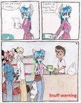 anthro aubrey_ferris bathrobe blue_hair canid canine clothing english_text female group hair human letter male mammal mia_(aubrey_ferris) rabid_(webcomic) robe supermarket text thought_bubble