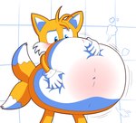 2_tails air_inflation anthro belly belly_blush belly_expansion belly_squish big_belly bloated blue_eyes blush body_blush clothing dipstick_tail expansion gloves gloves_only hair hand_on_belly hand_on_own_belly handwear handwear_only huge_belly hyper hyper_belly inflation inflation_fetish male markings mostly_nude motion_lines multi_tail navel orange_body orange_ears orange_hair orange_tail simple_background solo squish swelling tail tail_markings white_background white_belly white_clothing white_gloves white_handwear white_inner_ear white_tail_tip hedgehogstew sega sonic_the_hedgehog_(series) miles_prower canid canine fox mammal 2019 cel_shading colored digital_media_(artwork) hi_res shaded