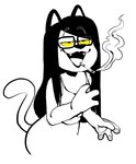 anthro biped black_and_white_and_yellow bottomwear cigarette cigarette_in_mouth clothed clothing eyewear female glasses hair long_hair object_in_mouth paws raised_tail shirt skirt smoking smoking_cigarette solo tail tank_top topwear creator_ant domestic_cat felid feline felis mammal 2022 hi_res