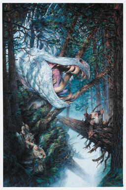 ambiguous_gender beard blonde_hair bow_(weapon) detailed_background facial_hair female feral forest grey_body grey_scales group hair holding_melee_weapon holding_object holding_shield holding_sword holding_weapon male melee_weapon open_mouth outside plant ponytail ranged_weapon scales sharp_teeth shield sword tail teeth tree weapon white_hair paul_bonner mythology riotminds dragon dwarf humanoid mythological_creature mythological_scalie scalie hi_res official_art traditional_media_(artwork)