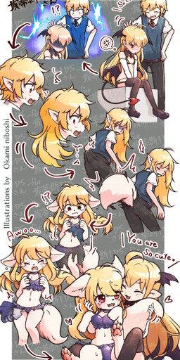 anthro bikini blonde_hair blush bodily_fluids bottomwear breast_growth breasts claws clothing duo female forced forced_transformation front_view fur fur_growth gender_transformation growth hair hair_growth heart_symbol human_to_anthro interrobang kemono long_hair looking_back male midriff mtf_transformation necktie pants pawpads pink_pawpads red_eyes school_uniform shirt short_hair snout snout_growth species_transformation spread_legs spreading surprised sweat sweatdrop swimwear tail tail_burst tail_growth tail_tenting tears teeth toe_claws topwear torn_bottomwear torn_clothing torn_pants torn_shirt torn_topwear transformation transformation_sequence two-piece_swimsuit uniform white_body white_fur okaminiboshi ace_heart_(ids) canid canine fox human humanoid mammal absurd_res hi_res shaded