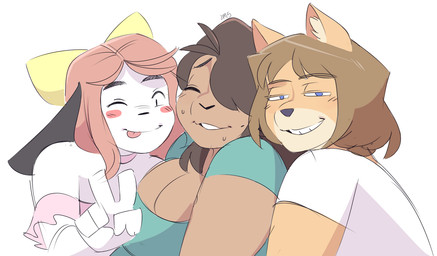 anthro blue_eyes blush blush_stickers bodily_fluids breasts brown_body brown_fur brown_hair cleavage closed_smile clothed clothed_anthro clothed_female clothing countershade_face countershading eyebrow_through_hair eyebrows eyes_closed female fur gesture grin group hair half-closed_eyes hand_gesture looking_at_viewer mouth_closed narrowed_eyes one_eye_closed simple_background smile sweat sweatdrop tan_body tan_fur translucent translucent_hair trio v_sign white_background white_body white_fur wink winking_at_viewer rat_bastard holly_applebee june_(jinu) lucy_(rat_bastard) bear canid canine canis domestic_dog mammal shiba_inu spitz 2018 digital_drawing_(artwork) digital_media_(artwork) english_description