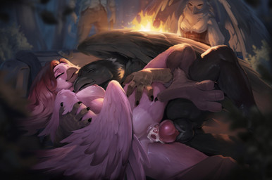 animal_genitalia animal_penis anthro areola avian_feet beak being_watched bodily_fluids bonfire bottomwear breasts butt canine_genitalia canine_penis cloaca cloacal cloacal_penetration clothed clothing cum cum_from_cloaca cum_in_cloaca cum_inside cumshot duo ejaculation erection eyes_closed feathered_wings feathers feet female female_penetrated fire from_front_position genital_fluids genitals group knot looking_at_another looking_pleasured lying male male/female male_penetrating male_penetrating_female night nipples non-mammal_breasts non-mammal_nipples nude on_side orgasm orgasm_face outdoor_nudity outside outside_sex pants penetration penile penile_penetration penis penis_in_cloaca penis_in_vagina plant sex smile spread_legs spreading tail tail_feathers talons toes topwear vaginal vaginal_penetration voyeur vulva wings conquart bleak_(raveger) eurana_(raveger) avian bird corvid corvus_(genus) oscine passerine raven digital_media_(artwork) hi_res