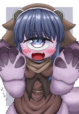 1_eye bangs blue_eyes blue_hair blush brown_clothing brown_dress cape clothing dress female fluffy fur hair headgear headwear looking_at_viewer multicolored_eyes open_mouth paw_pose pink_body pink_fur pose purple_body sharp_teeth solo teeth tsuchinokonoko made_in_abyss pakkoyan cyclops humanoid narehate absurd_res hi_res