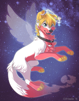 ambiguous_gender black_collar blonde_hair collar cosmic_background detailed_background ear_piercing feral fur green_eyes hair halo paws piercing pokeball pokeball_collar quadruped red_body red_fur smile solo space star white_body white_fur yellow_body yellow_eyes yellow_fur citrinelle nintendo pokemon canid canine canis domestic_dog mammal 2015 cel_shading digital_drawing_(artwork) digital_media_(artwork) shaded
