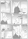 absurd_res anthro braun_(kifyun2) canid canine clothed clothing comic dialogue fox hi_res inner_ear_fluff kifyun2 male mammal monochrome screen simple_background sitting solo speech_bubble text tuft water