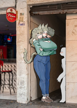 3_heads anthro big_breasts blush blush_lines bottomwear breasts cleavage clothed clothing crossed_arms denim denim_bottomwear denim_clothing duo eyebrows eyelashes eyewear faceless_character faceless_male female floppy_ears footwear frown fully_clothed glasses hair hair_over_eyes huge_breasts jeans larger_female legs_together male multi_head pants photo_background shoes size_difference smaller_male smile standing sweater tongue tongue_out topwear wearing_glasses maikamiaka a_chance_encounter haewn_(maikamiaka) phech_(maikamiaka) ploy_(maikamiaka) animal_humanoid canid canid_humanoid canine canine_humanoid dog_humanoid humanoid mammal mammal_humanoid 2026 absurd_res hi_res meme mixed_media photography_(artwork)