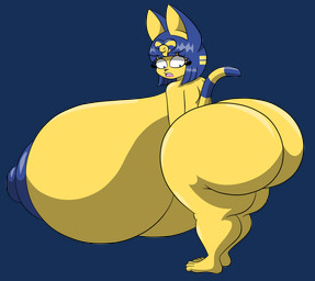 anthro areola big_breasts big_butt blue_areola blue_hair blue_nipples breasts butt female hair huge_breasts huge_butt hyper hyper_breasts hyper_butt looking_at_butt looking_at_own_butt markings nipples nude open_mouth simple_background solo striped_markings striped_tail stripes surprised tail tail_markings thick_thighs transparent_background uraeus yellow_body marshall123x_(artist) animal_crossing nintendo ankha_(animal_crossing) domestic_cat felid feline felis mammal 2025 alpha_channel hi_res