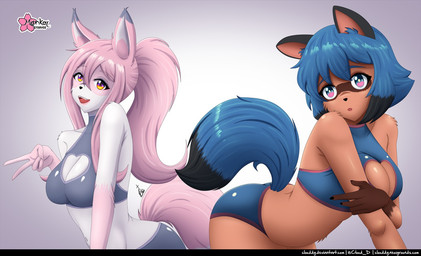 anthro black_ears black_nose blue_clothing blue_hair blue_tail bluesky_handle bottomwear breasts brown_markings cleavage cleavage_cutout clothed clothing cutout deviantart_username dipstick_ears dipstick_hair dipstick_tail duo ear_markings facial_markings fangs female fluffy fluffy_tail fur gesture glistening glistening_body glistening_eyes glistening_hair glistening_tail gloves_(marking) gradient_background grey_clothing hair hand_gesture head_markings logo looking_at_viewer markings mask_(marking) multicolored_ears multicolored_eyes newgrounds_username open_mouth open_smile pink_hair pointy_ears ponytail prick_ears simple_background smile solo suggestive_pose tail tail_markings tan_body teeth thick_thighs tongue twitter_handle v_sign white_body white_fur clouddg brand_new_animal studio_trigger michiru_kagemori nazuna_hiwatashi canid canine fox mammal raccoon_dog tanuki hi_res