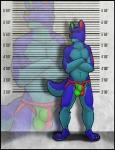 amixeduppuppy anthro biped bulge canid canine canis clothing crossed_arms jockstrap looking_at_viewer male mammal mugshot solo standing underwear wolf