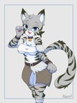 anthro bell bell_collar blush breasts chest_wraps clothed clothing collar female looking_at_viewer medium_breasts skimpy solo stripes thick_thighs under_boob wide_hips wraps fenarok whiskers_(lishka) felid feline mammal absurd_res hi_res