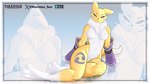 anthro armwear black_sclera blue_eyes breasts bridal_gauntlets clothing dipstick_ears dipstick_tail ear_markings eyebrows featureless_breasts female fur leg_markings markings multicolored_ears navel pose ruff smile socks_(marking) solo tail tail_markings text white_body white_fur yellow_body yellow_fur yokozuwari maximus_furr bandai_namco digimon digimon_(species) renamon 16:9 2025 4k absurd_res hi_res url widescreen