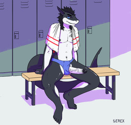 anthro bench big_penis biped black_hair clothing erection genitals hair humanoid_genitalia humanoid_penis locker locker_room looking_at_viewer male navel nipples nude on_bench penis sitting solo towel towel_around_neck underwear vein banana_da_boi aquatic fish shark absurd_res hi_res