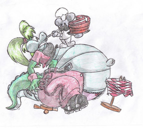 anthro belly big_belly clothing duo female fur green_hair grey_body grey_fur hair huge_belly male overweight red_clothing sitting stuffing virus-20 masheilla_(virus-20) alligator alligatorid crocodilian reptile scalie 2006 hi_res traditional_media_(artwork)