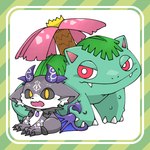 ambiguous_gender cute_fangs duo fangs feral flower gem green_body jewelry leaf necklace plant red_eyes semi-anthro teeth wg_suru nijisanji nintendo pokemon vtuber debidebi_debiru demon generation_1_pokemon mammal pokemon_(species) venusaur 1:1