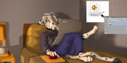 anthro bed beverage coffee computer computer_mouse ears_down electronics fur furniture green_eyes grey_body grey_fur headphones laptop lying male pivoted_ears solo spots tail text lazychee sint_(hfd4) cheetah felid feline mammal hi_res
