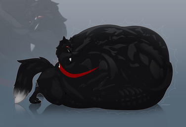 anthro black_body black_fur fur long_tail male mass_vore red_eyes red_stripes solo stripes tail vore cmitchell canid canine canis mammal wolf hi_res