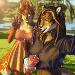 5_fingers anthro beverage big_breasts breasts brown_body brown_fur brown_hair clothed clothing container cup dress drinking drinking_glass duo ear_markings ear_piercing ear_ring female fingers fur glare glass glass_container glass_cup hair landscape looking_at_viewer loose_hair markings multicolored_body multicolored_ears multicolored_fur multicolored_hair open_mouth park piercing pink_clothing pink_dress plant red_body red_hair ring_piercing shirt smile stripes sun sunset tail tail_markings teeth text tied_hair topwear walk-in walking whiskers old_squatter canid canine canis felid feline felis fox hybrid liger lion mammal pantherine tiger 1:1 absurd_res artist_name colored digital_drawing_(artwork) digital_media_(artwork) english_text hi_res portrait shaded signature