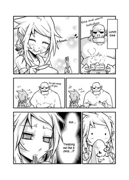 dialogue duo eating female food humor male not_furry text jin_(mugenjin) elfxorc elf humanoid orc comic english_text hi_res monochrome
