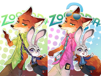 aloha_shirt anthro clothing duo eyewear female male necktie pattern_clothing pattern_shirt pattern_topwear police police_badge police_uniform shirt sunglasses topwear uniform cpkon disney zootopia judy_hopps nick_wilde canid canine fox lagomorph leporid mammal rabbit 4:3
