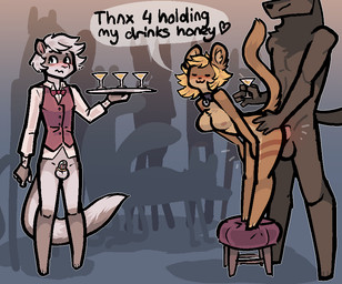 alcohol anthro balls bent_over beverage bottomless breasts chastity_cage chastity_device clothed clothing collar cuckold dialogue embarrassed exhibitionism female genitals group humiliation larger_male male male/female nude penis public sex size_difference smaller_female smaller_male speech_bubble submissive submissive_male text vaginal waiter waiter_tray jam_(artist) martha_(lllmaddy) merlin_(lllmaddy) canid canine domestic_ferret felid feline mammal mustelid musteline true_musteline weasel aliasing binary_drawing digital_drawing_(artwork) digital_media_(artwork) english_text