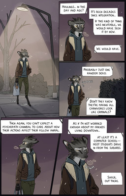 anthro barefoot biped brown_eyes clothed clothed_anthro clothing feet fur grey_body grey_fur head_tuft holding_bag inner_monologue male outside plastic_bag pointy_ears prick_ears sidewalk sigh snout solo steamy_breath street_lamp text text_box thinking tuft tusks walking yellow_sclera falco_works pen_(falco_works) cervine deer mammal tufted_deer 2025 comic digital_media_(artwork) english_text hi_res