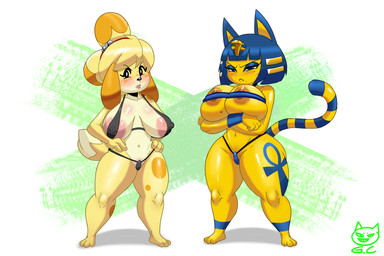 angry ankh anthro areola bangs big_breasts bikini blue_ears blue_hair blush blush_lines bob_cut breasts camel_toe clothing duo female hair markings montgomery_glands narrowed_eyes nipples orange_areola orange_nipples pose skimpy_bikini striped_markings striped_tail stripes swimwear tail tail_markings two-piece_swimsuit uraeus yellow_body yellow_inner_ear gomezcat animal_crossing nintendo ankha_(animal_crossing) isabelle_(animal_crossing) canid canine canis domestic_cat domestic_dog felid feline felis mammal digital_media_(artwork) hi_res pinup