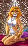 2015 al-mi'raj alisia_al-mi'raj anthro armband biped blonde_hair breasts buckteeth chest_tuft detailed_background dipstick_ears ear_markings female fur hair holding_object horn kneeling looking_at_viewer multicolored_body multicolored_ears multicolored_fur navel nipples nude open_mouth pubes solo style_wager teeth tuft two_tone_body two_tone_fur yellow_eyes