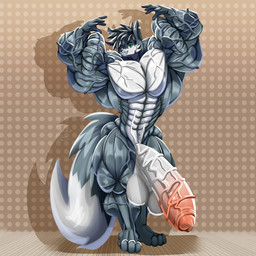 abs anthro biceps big_muscles big_penis black_body black_fur black_hair flaccid flexing fur genitals green_eyes grey_body grey_fur hair huge_muscles huge_penis hyper hyper_genitalia hyper_muscles hyper_penis looking_at_viewer male multicolored_body multicolored_fur muscular muscular_arms pecs penis pose smile solo standing tail thick_thighs two_tone_body two_tone_fur vein veiny_arms veiny_muscles veiny_penis taiko-sihori canid canine fox mammal hi_res