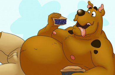 anthro belly big_belly bottomwear brown_body brown_fur bulge clothing eating food fur male moobs nipples overweight overweight_male pants pastry pie solo tongue tongue_out rosco_chubz hanna-barbera scooby-doo_(series) scooby-doo canid canine canis domestic_dog great_dane mammal mastiff molosser