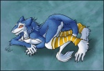 all_fours anthro blue_body blue_fur blue_hair butt clothing collar fur hair leg_warmers legwear male solo tail charu kwik_(artist) markus_(dowantanaccount) mammal sergal 2011 artist_collaboration