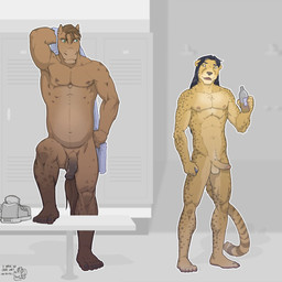 abs animal_genitalia animal_penis anthro balls biceps big_muscles casual_nudity duo equine_genitalia equine_penis erection flaccid foreskin genitals humanoid_genitalia humanoid_penis locker locker_room male muscular muscular_male nipples nude partially_retracted_foreskin pecs penis pubes slightly_chubby tail towel superslickslasher edward_grey mikori cheetah equid felid feline mammal 1:1 hi_res