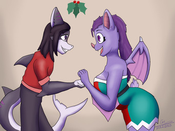 accidental_holly anthro big_breasts biped breasts clothed clothing duo female female_anthro happy holidays holly_(plant) male male_anthro plant side_view standing cmaster1987 christmas nocty_(dmoon) yurliaz_(yurliaz) aquatic bat fish mammal shark 4:3 hi_res