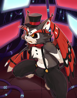 anthro biped black_body black_bottomwear black_clothing black_fur black_pants black_sclera bodily_fluids bottomwear bow_tie bulge clothing crouching electronics feathered_wings feathers fur hands_behind_back hat headgear headwear male monitor orange_eyes pants red_bow_tie sharp_teeth slim_anthro slim_male solo sweat sweatdrop teeth tied_to_pole white_body white_fur wings witch_hat knptiii hazbin_hotel hellaverse husk_(hazbin_hotel) domestic_cat felid feline felis mammal 2026 absurd_res hi_res