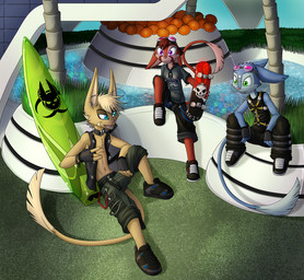 alternative_fashion anthro belt blonde_hair blue_body blue_eyes blue_fur breasts clothed clothing collar ear_piercing eyewear female footwear fur goggles green_eyes group hair harness long_tail male navel orange_body orange_fur oversized_clothing oversized_footwear oversized_shoes piercing purple_eyes shoes skateboard studded_belt studs tail vehicle yellow_body yellow_fur lord-kiyo unknown_species 2016 hi_res