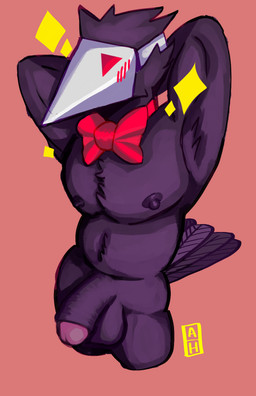 anthro armpit_hair balls barazoku big_balls black_body blush body_hair bow_tie collar collar_only flaccid genitals male mask muscular muscular_male nipples nude penis solo mushed_apricot deltarune undertale_(series) avian darkner swatchling hi_res