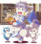 absurd_res anthro asian_clothing belly big_belly blue_body blue_fur canid canine canis chibineco claws clothed clothing countershading cutlery east_asian_clothing fangs food fork fundoshi fundoshi_only fur grey_hair group hair hi_res holding_food holding_object japanese_clothing japanese_text kemono kitchen kitchen_utensils knife looking_at_viewer male mammal multicolored_body multicolored_fur naru_the_wolf navel neck_tuft overweight overweight_male pie_(food) signature smile teeth text tools topless trio tuft underwear underwear_only white_body white_fur wolf