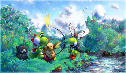 ambiguous_gender backpack clothing cloud day detailed_background footwear grass group open_mouth open_smile plant sitting smile text water wings ja-punkster mario_bros nintendo pokemon butterfree generation_1_pokemon green_yoshi pokemon_(species) raichu yoshi crossover url