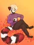 anthro autumn autumn_leaves biped black_body black_fur clothed clothing container crossed_legs cup fully_clothed fur holding_container holding_cup holding_object hoodie looking_away male red_body red_fur sitting solo topwear white_body white_fur hypohate ester_(theoneester) ailurid mammal red_panda hi_res