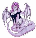 absurd_res anthro biped clothed clothing dragon english_text female hi_res horn koshkio looking_at_viewer mythological_creature mythological_scalie mythology panties purple_body purple_scales scales scalie sitting skyhl solo spots tail text the_clan tribal underwear wings