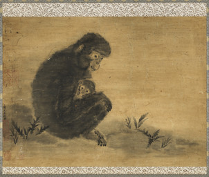 5_toes age_difference ambiguous_feral ambiguous_gender duo feet feral fur grass hug hugging_another leaf plant plantigrade side_view simple_background sitting text toes young young_ambiguous young_feral yi_yuanji haplorhine mammal monkey primate 11th_century ancient_art chinese_text hi_res painting_(artwork) traditional_media_(artwork) traditional_painting_(artwork)